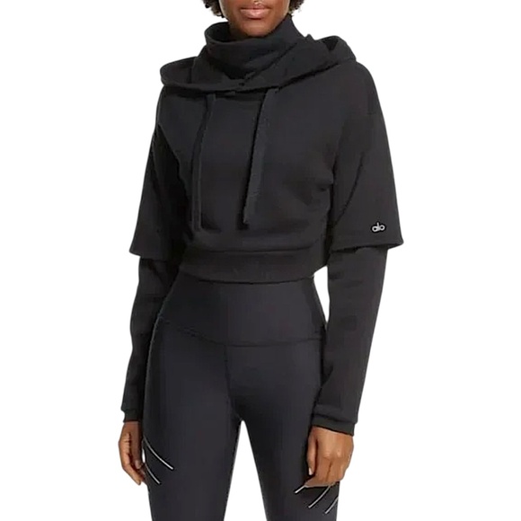 ALO Yoga Tops - ALO YOGA Eternal Hooded High Neck Cropped Layered Sweatshirt Black